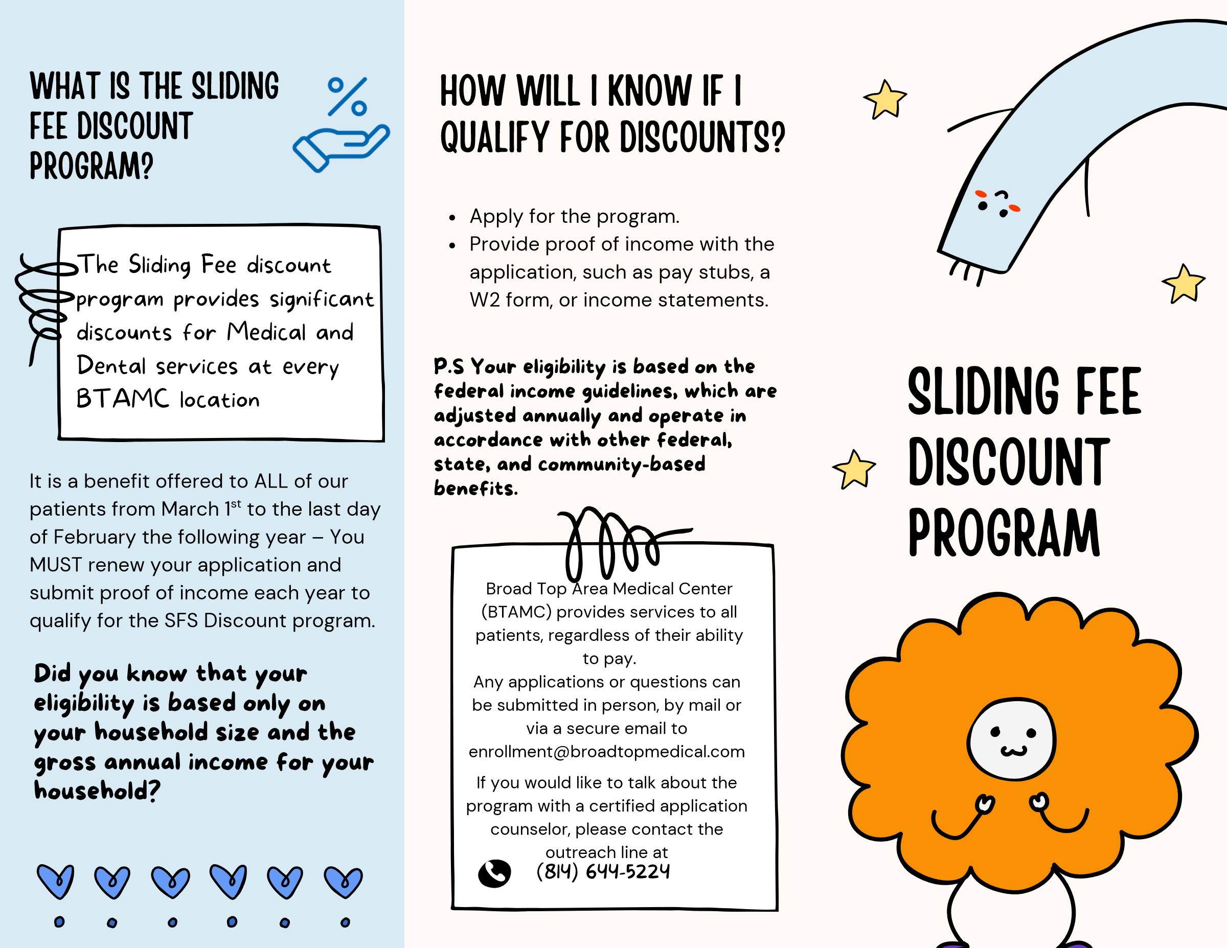 Sliding Fee Discount Program Patient Information Brochure detailing program benefits for medical and dental services, eligibility based on household size and gross annual income, annual renewal guidelines from March 1st to end of February, and counselor outreach contact at (814) 644-5224 or enrollment@broadtopmedical.com